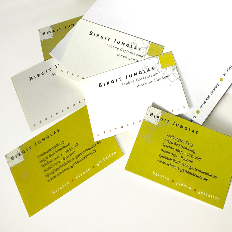 Schöne Gartenräume innen und außen<br>Birgit Junglas, Gärtnermeisterin<br>Logo und komplettes Erscheinungsbild<br>&nbsp